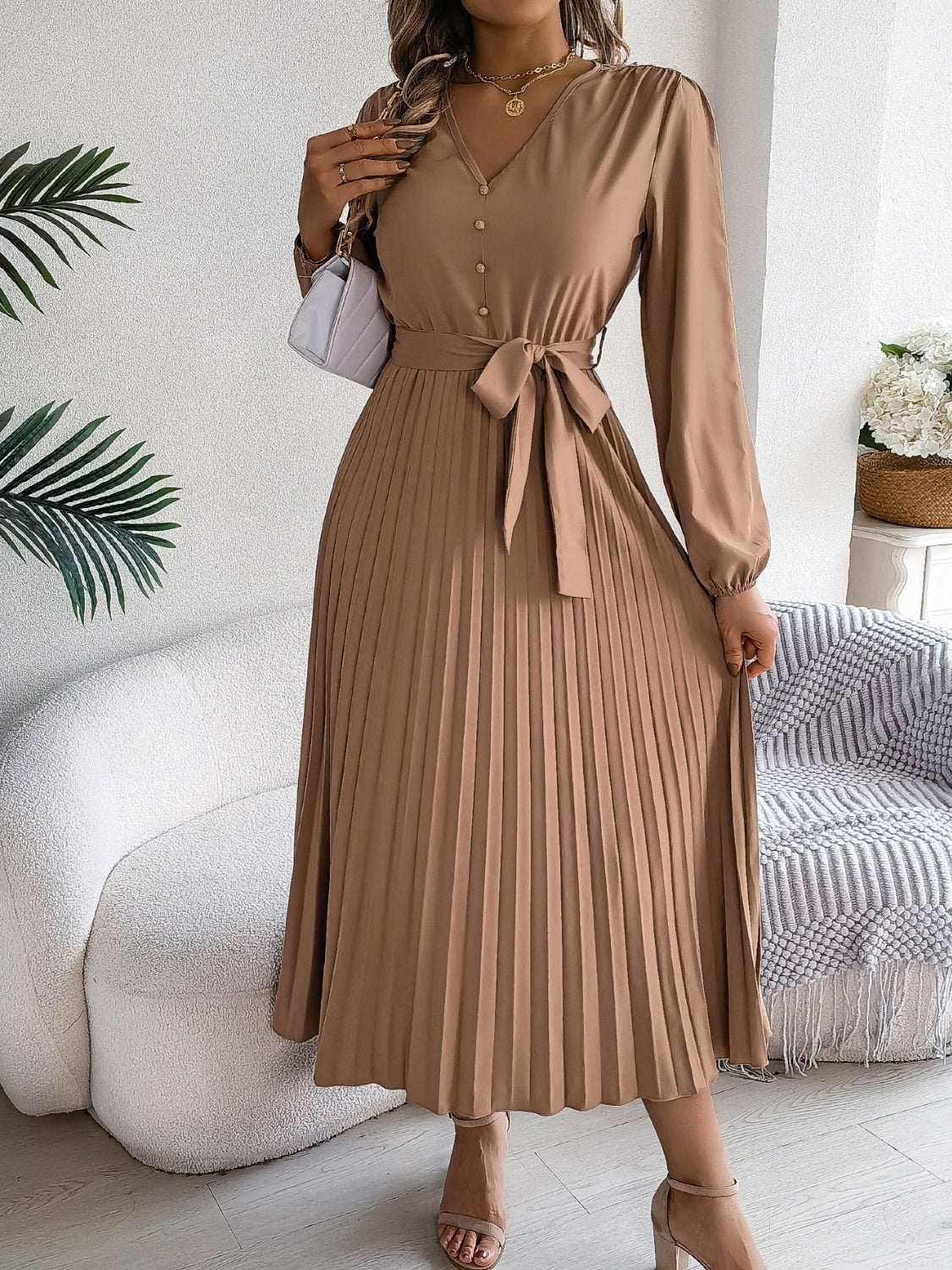 Pleated Tied V-Neck Long Sleeve Dress - Body By J'ne