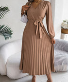 Pleated Tied V-Neck Long Sleeve Dress