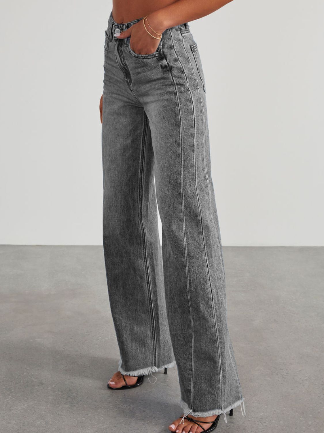 Raw Hem Wide Leg Jeans with Pockets - Body By J'ne