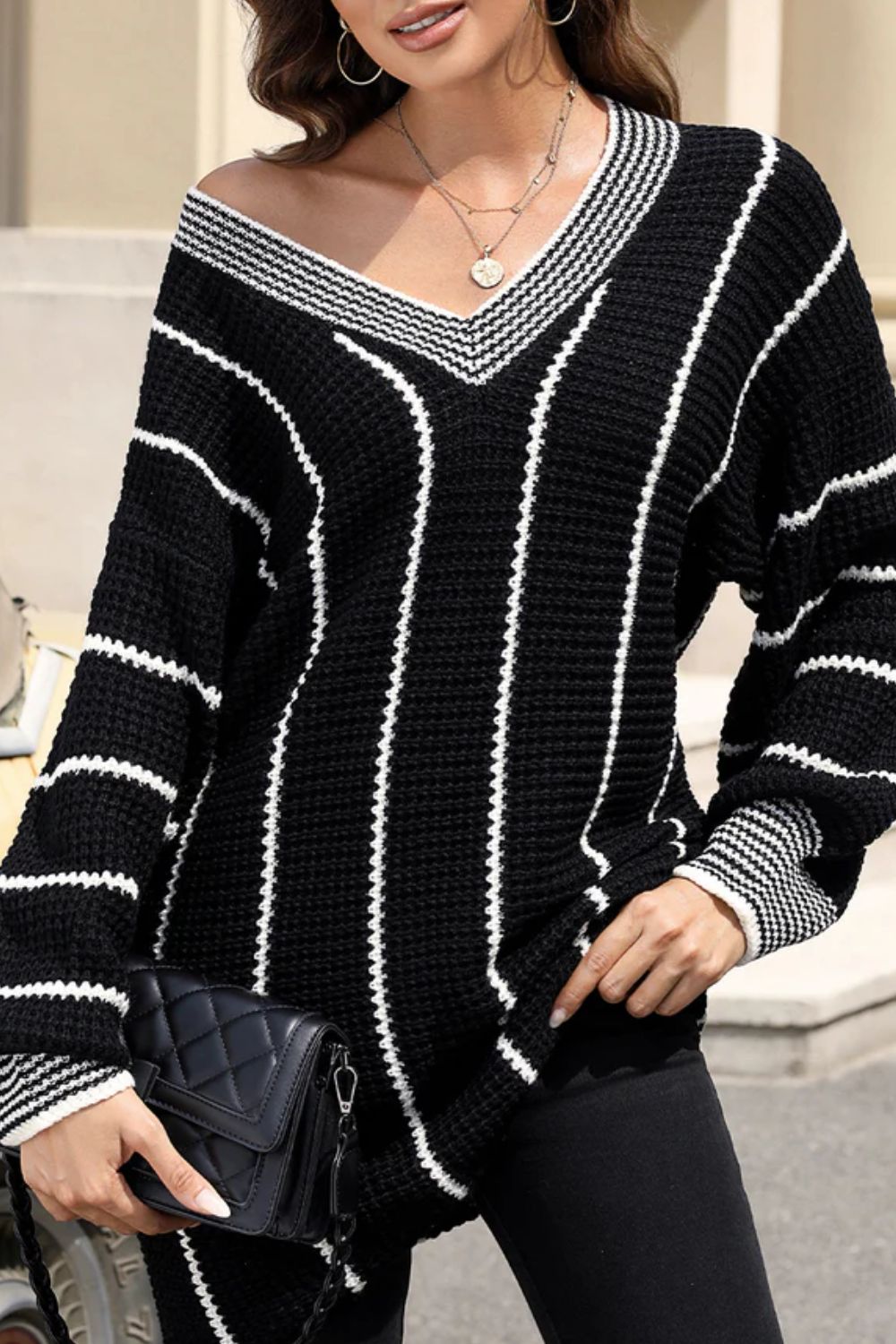 Striped V-Neck Long Sleeve Sweater - Body By J'ne