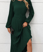 Perfee Pleated Round Neck Long Sleeve Midi Dress