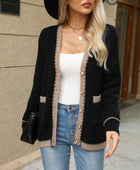 Contrast Trim Button Up Long Sleeve Cardigan