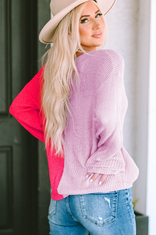 Contrast Color V-Neck Long Sleeve Pullover Sweater - Body By J'ne
