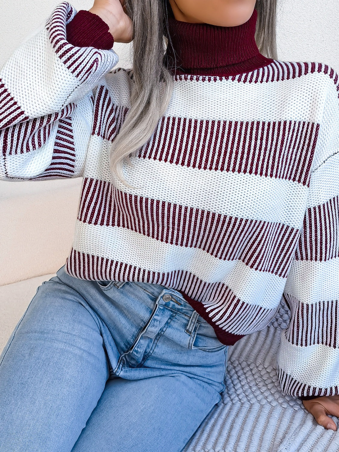 Striped Turtleneck Long Sleeve Sweater - Body By J'ne