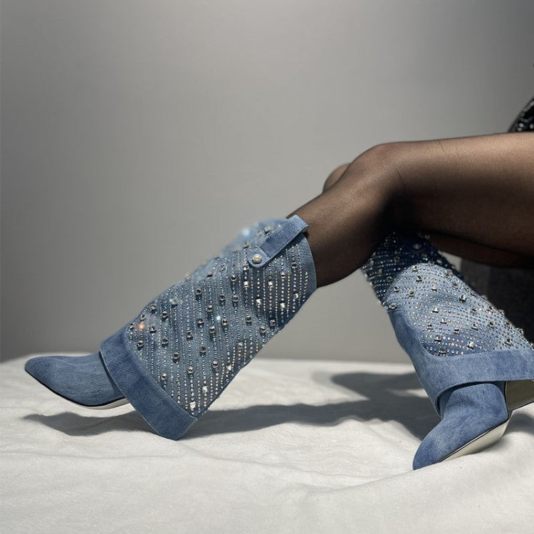 Pointed Toe Stiletto Rhinestone Pipe Boots - Body By J'ne