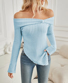 Ribbed Asymmetrical Hem Off-Shoulder Long Sleeve T-Shirt