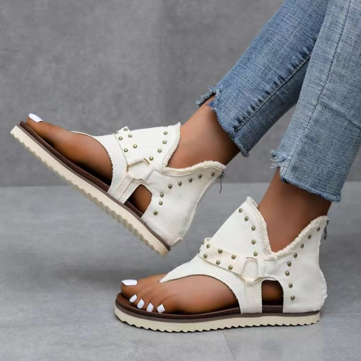 Studded Raw Hem Flat Sandals - Body By J'ne