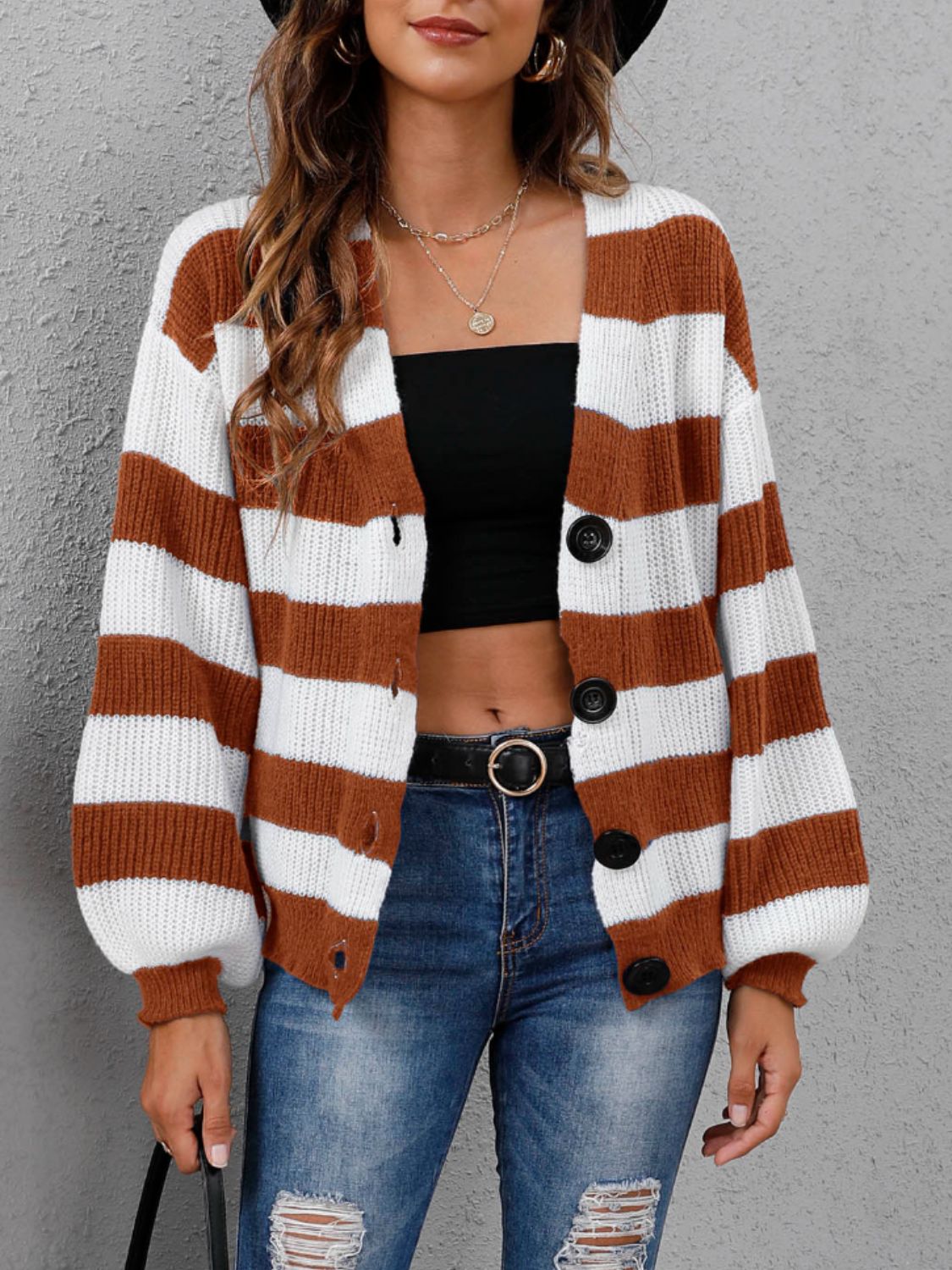 Striped Button Up Long Sleeve Sweater - Body By J'ne