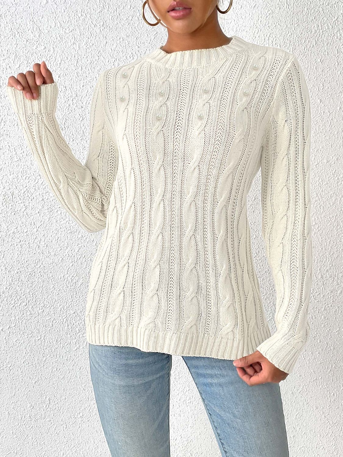 Cable-Knit Round Neck Long Sleeve Sweater - Body By J'ne