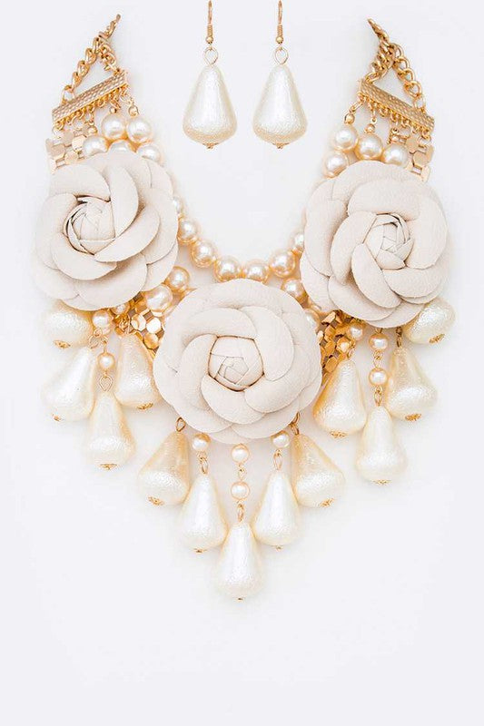 Black Flower Mix Pearls Statement Necklace Set - Body By J'ne