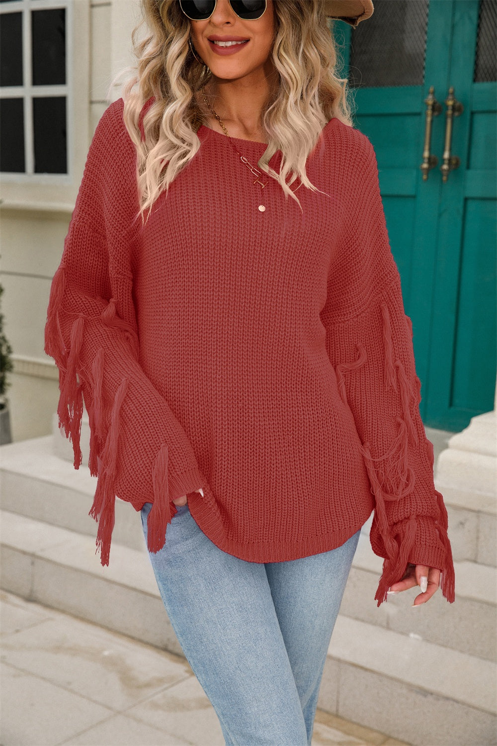 Fringe Round Neck Dropped Shoulder Sweater - Body By J'ne