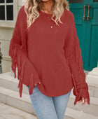 Fringe Round Neck Dropped Shoulder Sweater - Body By J'ne