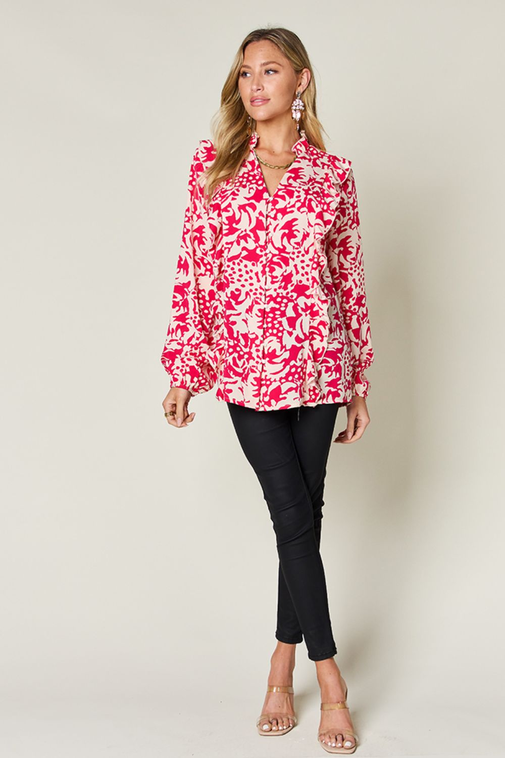 Full Size Printed Ruffle Trim Balloon Sleeve Shirt - Body By J'ne