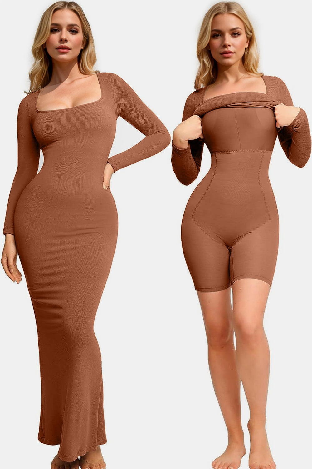 Built-In Shapewear Square Neck Long Sleeve Maxi Dress - Body By J'ne