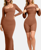 Built-In Shapewear Square Neck Long Sleeve Maxi Dress