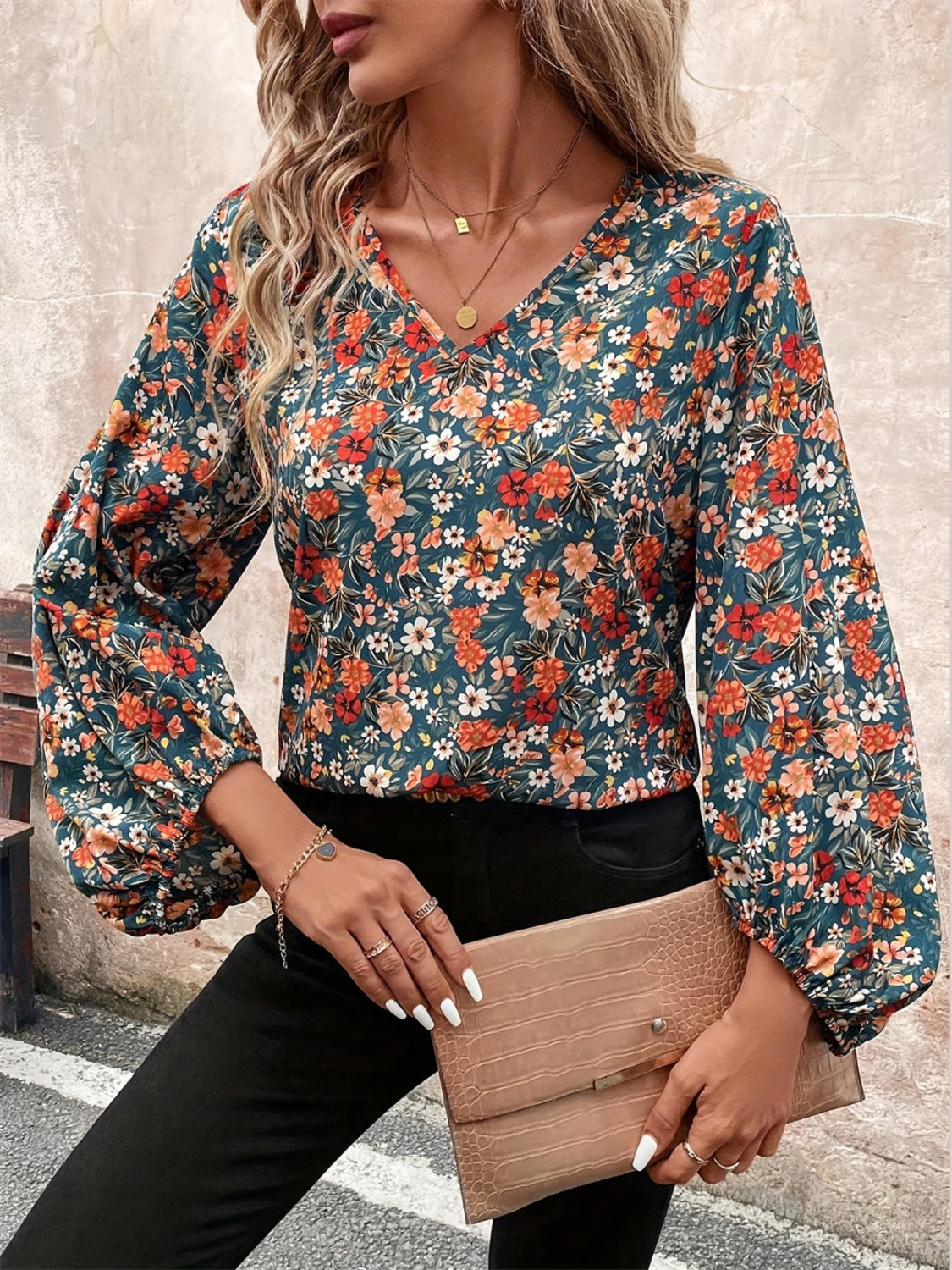 Printed V-Neck Balloon Sleeve Blouse - Body By J'ne