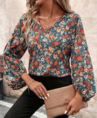 Printed V-Neck Balloon Sleeve Blouse