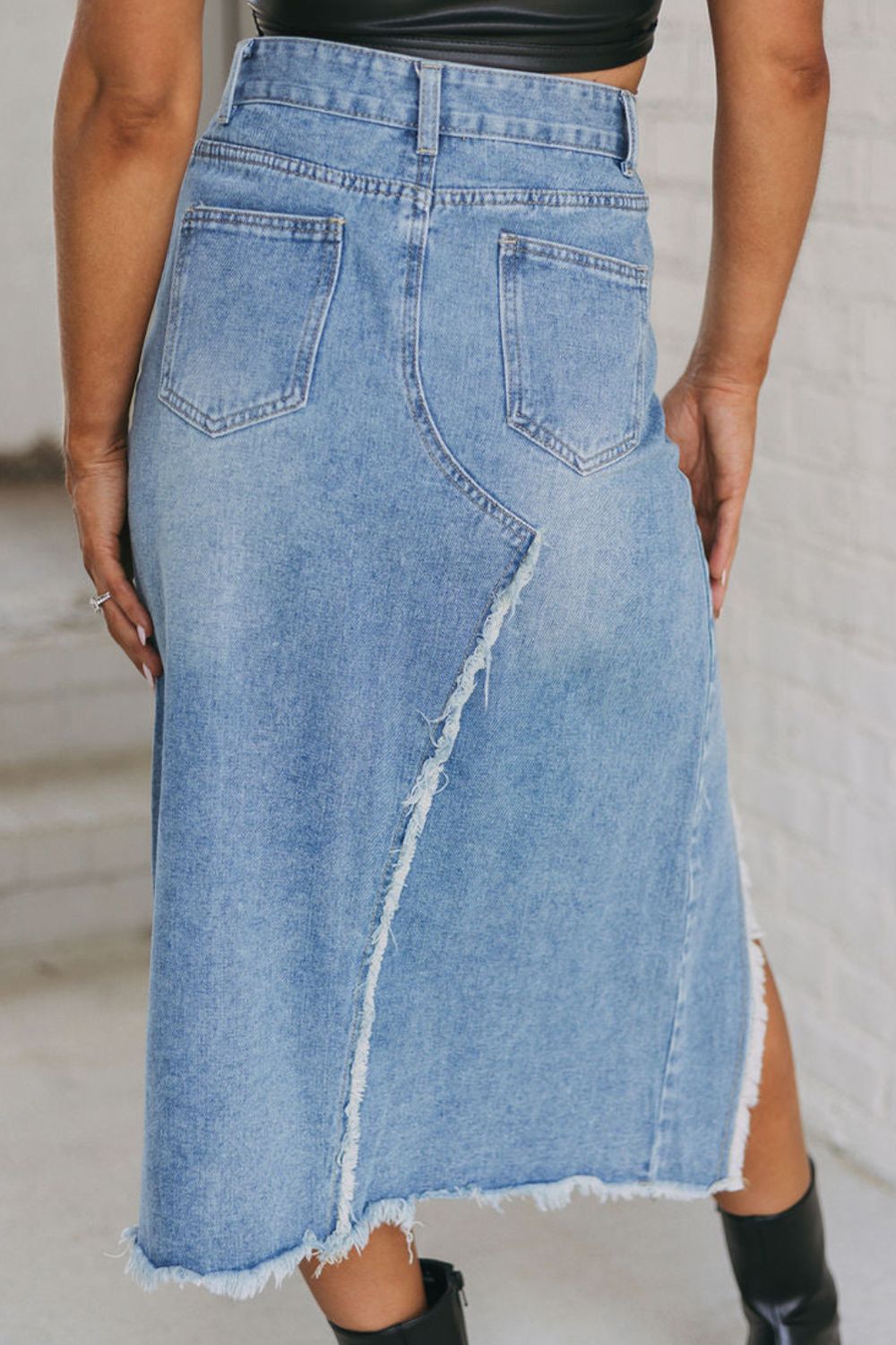 Raw Hem Slit Denim Skirt with Pockets - Body By J'ne