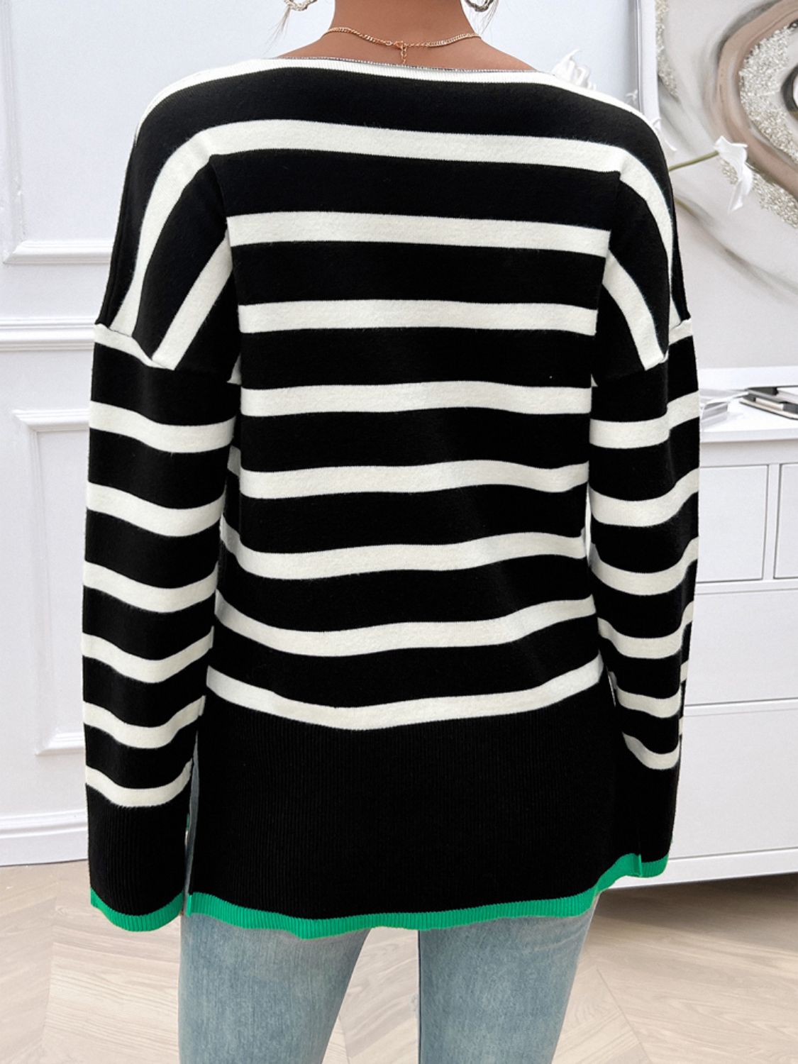 Striped V-Neck Long Sleeve Knit Top - Body By J'ne