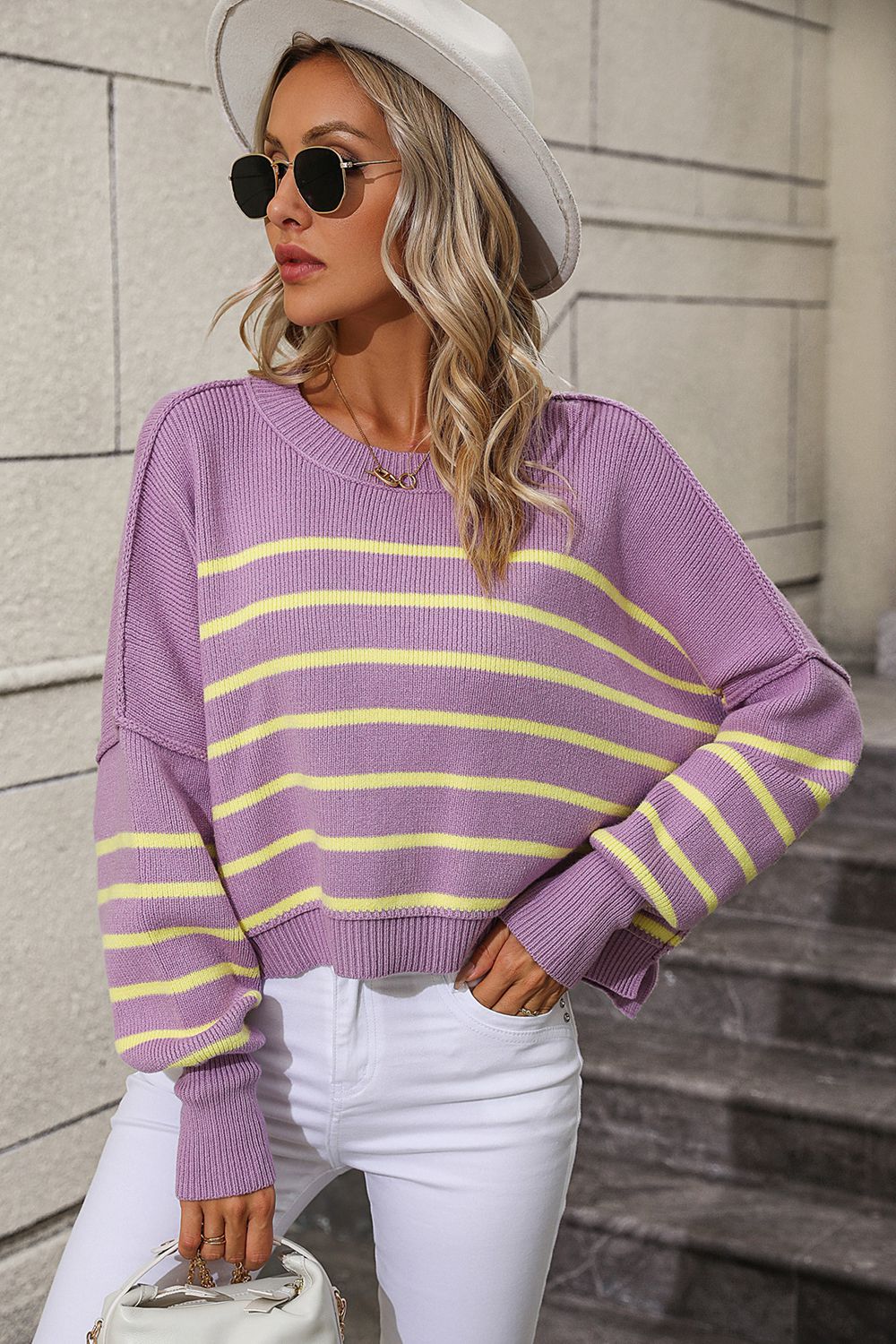 Striped Dropped Shoulder Round Neck Pullover Sweater - Body By J'ne