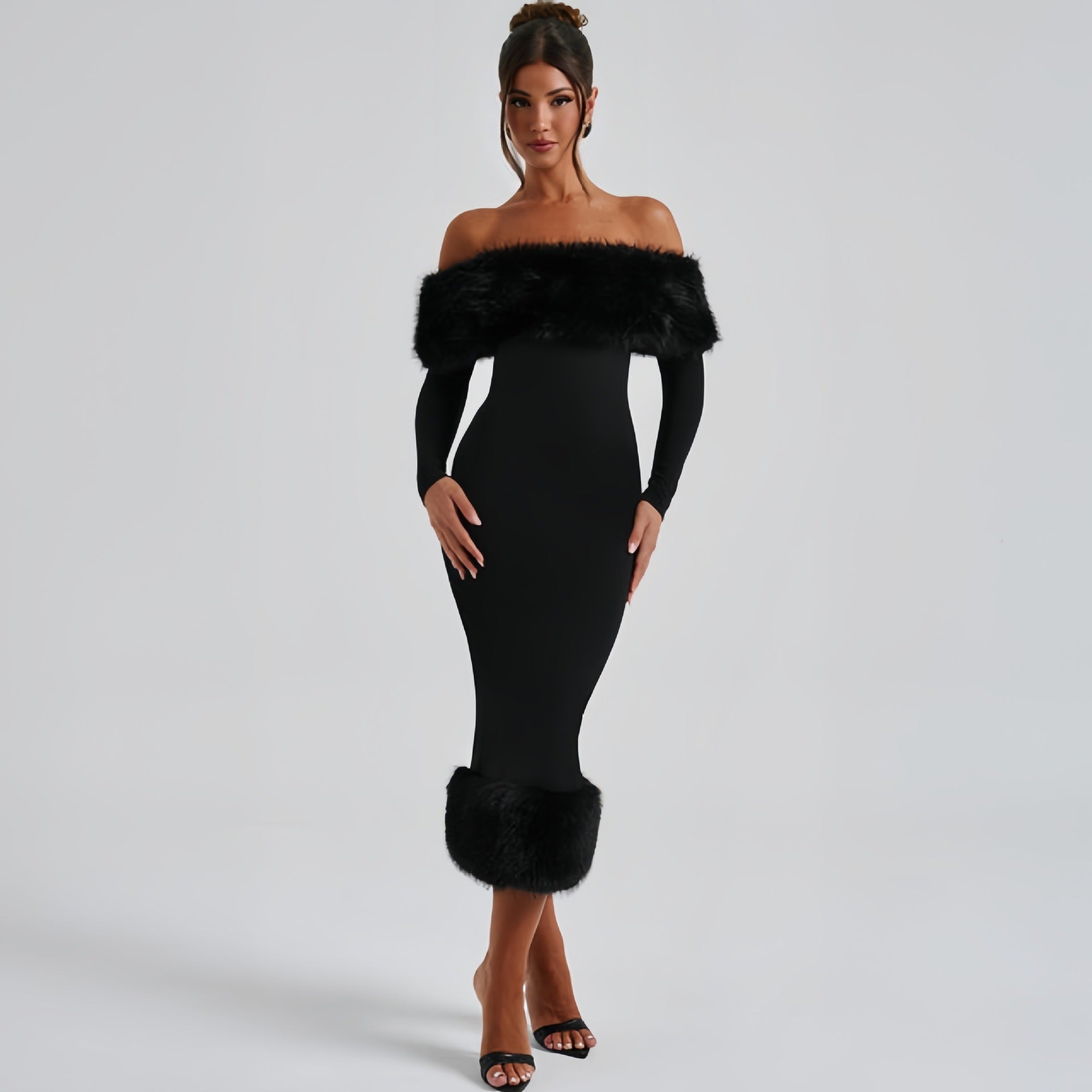 Adrianna Fur Collar Long Sleeve Dress