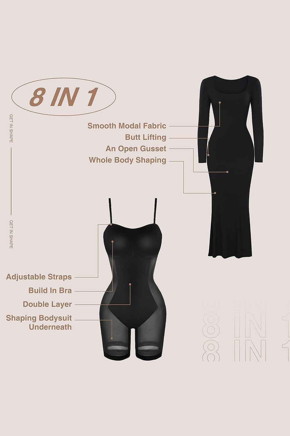 Built-In Shapewear Square Neck Long Sleeve Maxi Dress - Body By J'ne