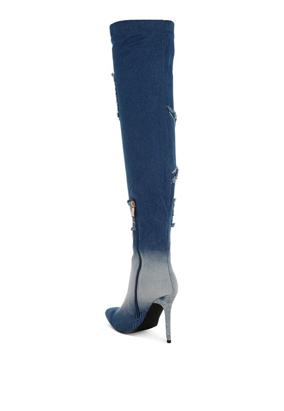 Eilish Rhinestones Knee High Denim Boots - Body By J'ne