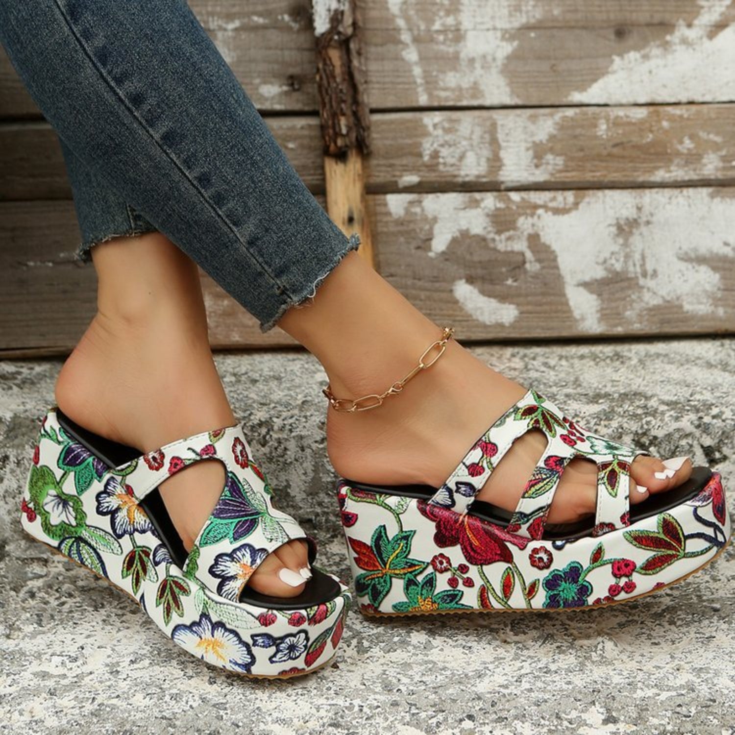 Cutout Floral Peep Toe Sandals - Body By J'ne