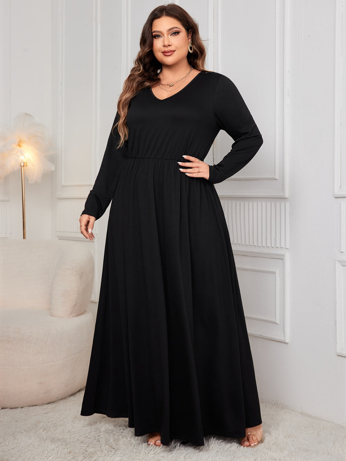 Plus Size Cutout V-Neck Long Sleeve Maxi Dress - Body By J'ne
