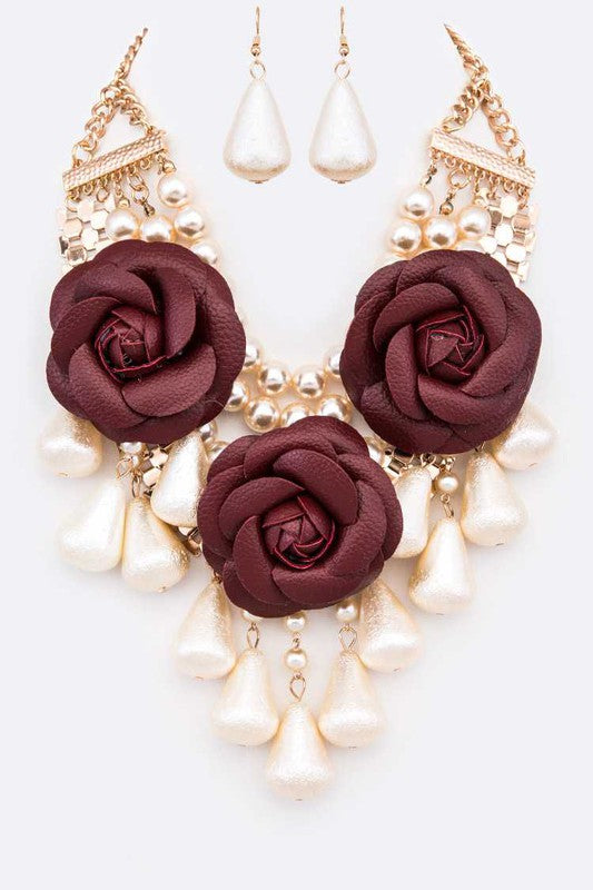Black Flower Mix Pearls Statement Necklace Set - Body By J'ne