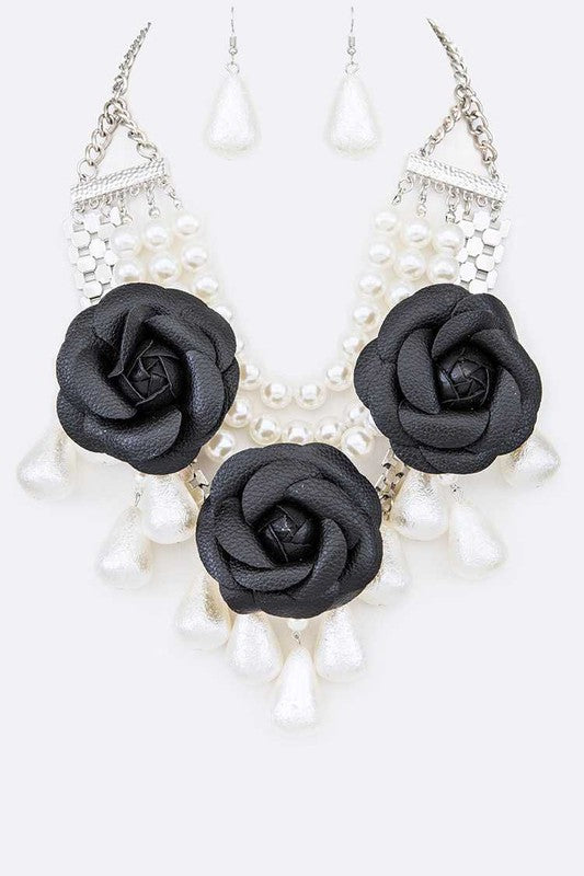 Black Flower Mix Pearls Statement Necklace Set - Body By J'ne