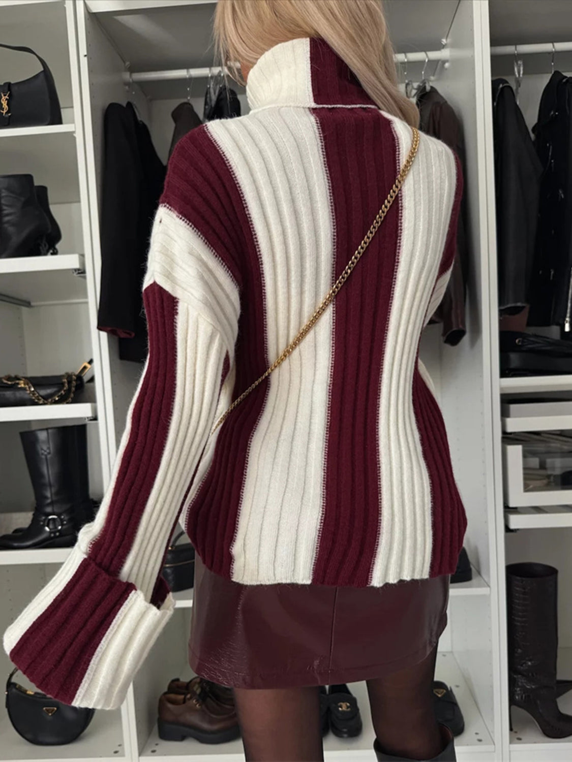 Striped Turtleneck Dropped Shoulder Sweater - Body By J'ne