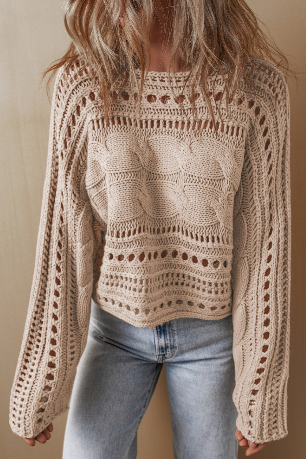 Cable-Knit Openwork Long Sleeve Sweater - Body By J'ne