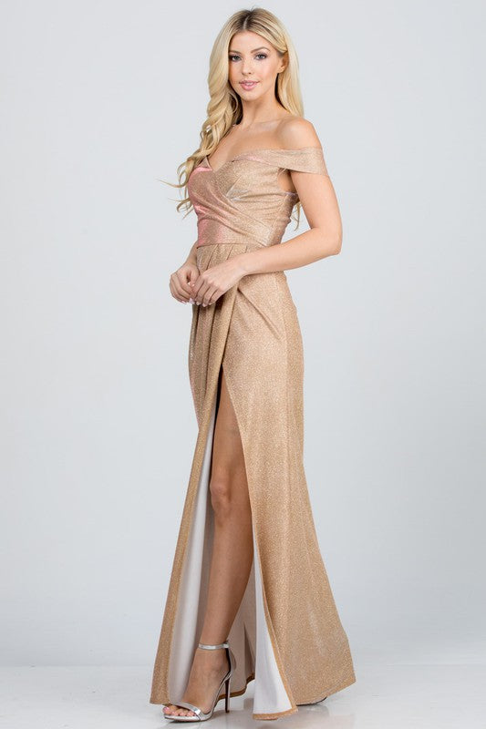 Off the shoulder glittery jacquard gathered gown - Body By J'ne