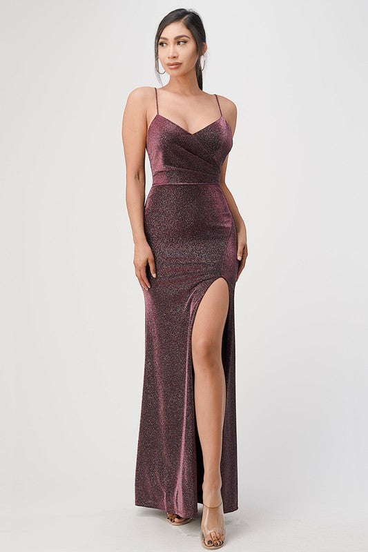 Sparkling knit jacquard side gather spaghetti gown - Body By J'ne