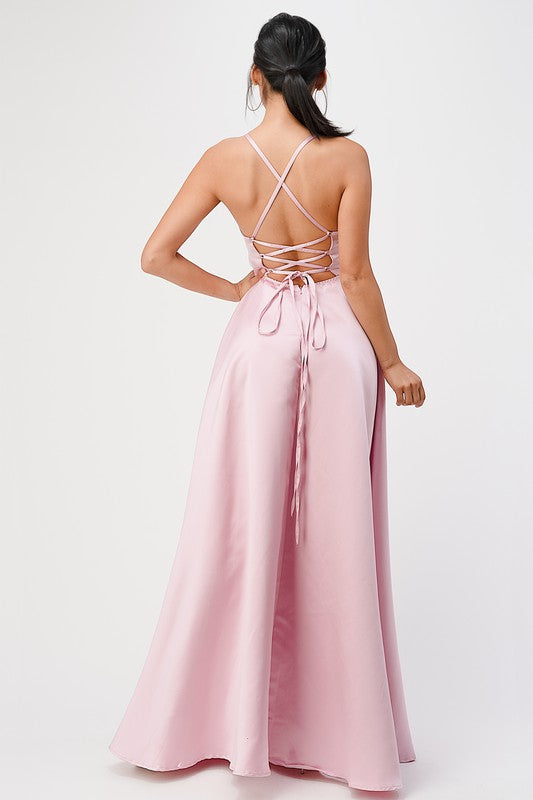 open side back spaghetti zig zag tie satin gown - Body By J'ne