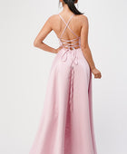 open side back spaghetti zig zag tie satin gown