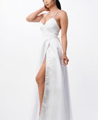 open side back spaghetti zig zag tie satin gown