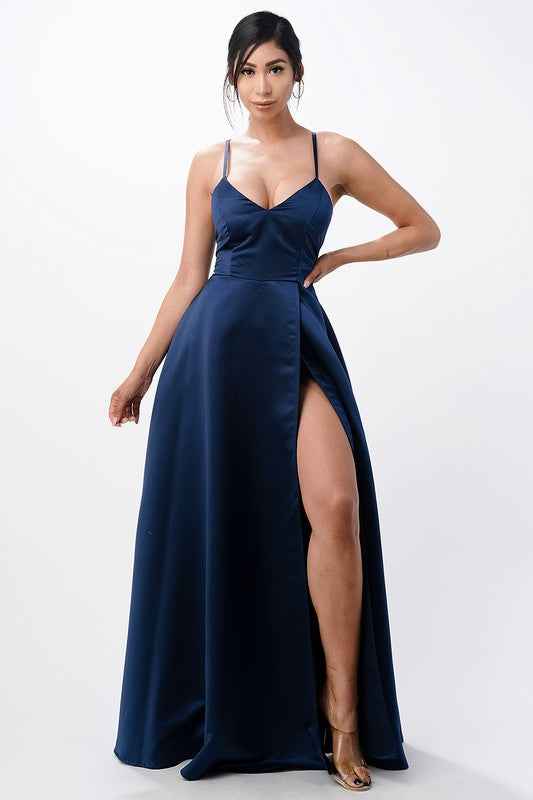 open side back spaghetti zig zag tie satin gown - Body By J'ne