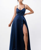 open side back spaghetti zig zag tie satin gown