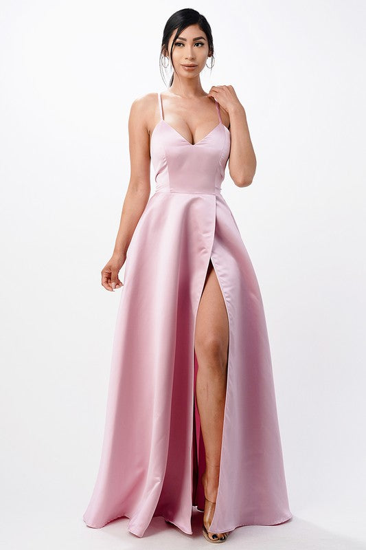 open side back spaghetti zig zag tie satin gown - Body By J'ne