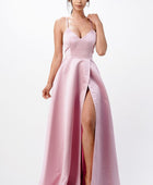 open side back spaghetti zig zag tie satin gown