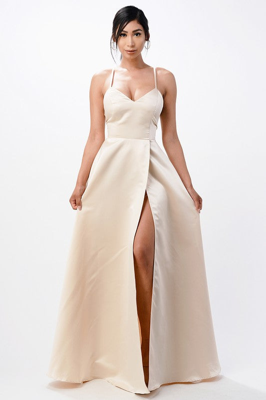 open side back spaghetti zig zag tie satin gown - Body By J'ne