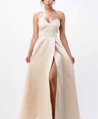 open side back spaghetti zig zag tie satin gown