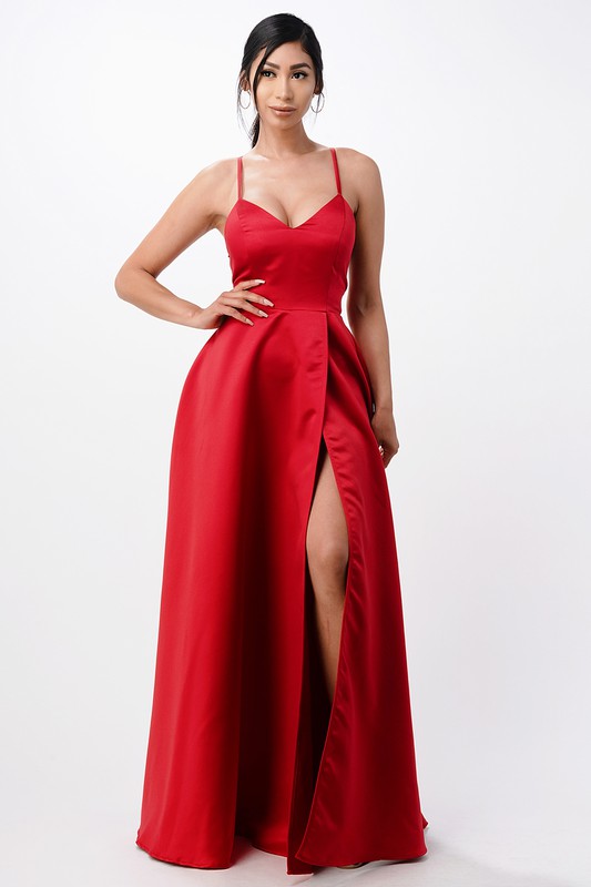 open side back spaghetti zig zag tie satin gown - Body By J'ne