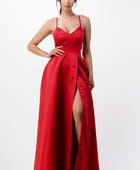 open side back spaghetti zig zag tie satin gown