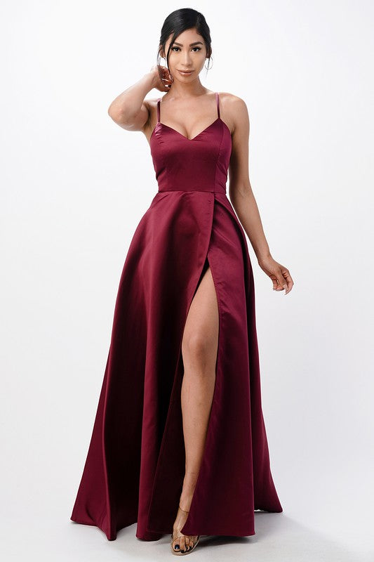 open side back spaghetti zig zag tie satin gown - Body By J'ne