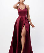 open side back spaghetti zig zag tie satin gown