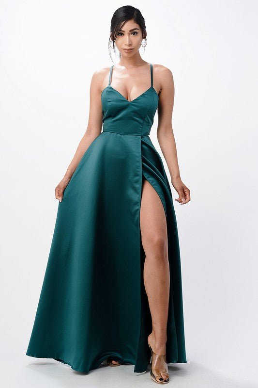 open side back spaghetti zig zag tie satin gown - Body By J'ne