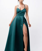 open side back spaghetti zig zag tie satin gown